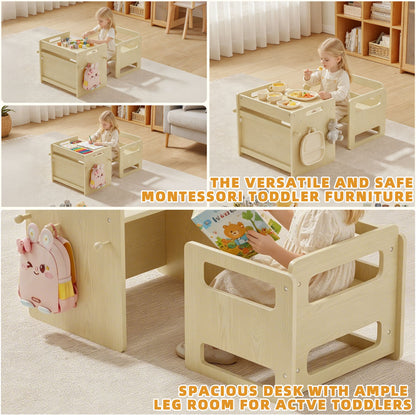 Montessori Weaning Table and Chair Set, Adjustable Wooden Toddler Table and Chair Set, Kids Activity & Play Table for Eating, Drawing, Learning and Playing(Natural)
