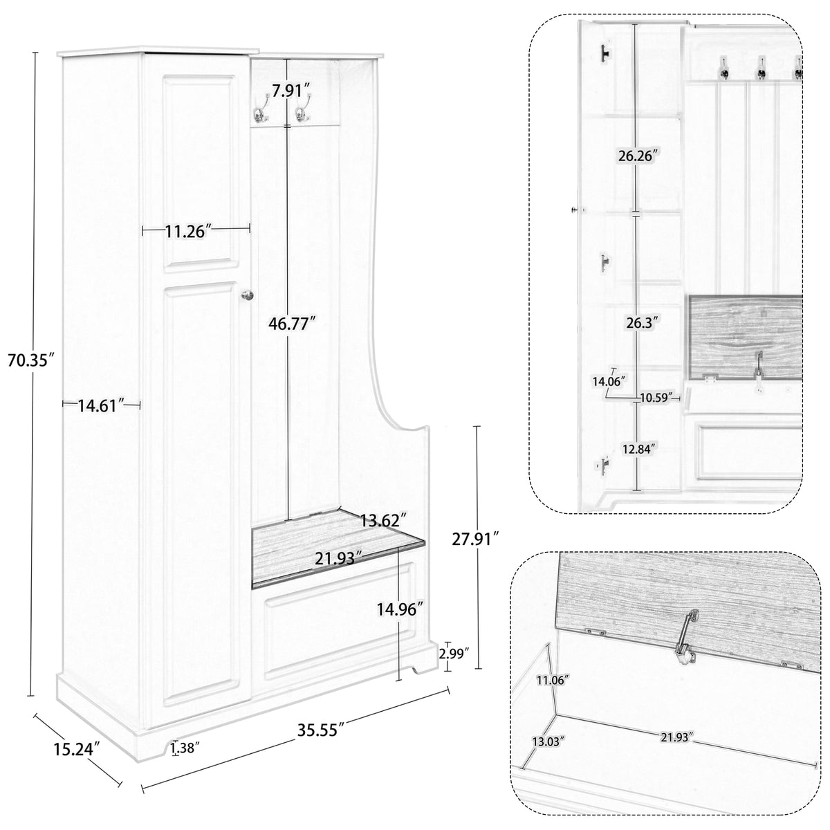 Stylish Design Hall Tree with Flip-Up Bench, Minimalist Hallway Shoe Cabinet with Adjustable Shelves, Multifunctional Furniture with Hanging Hooks for Entryways, Mudroom, White (OLD SKU: WF304223AAK)