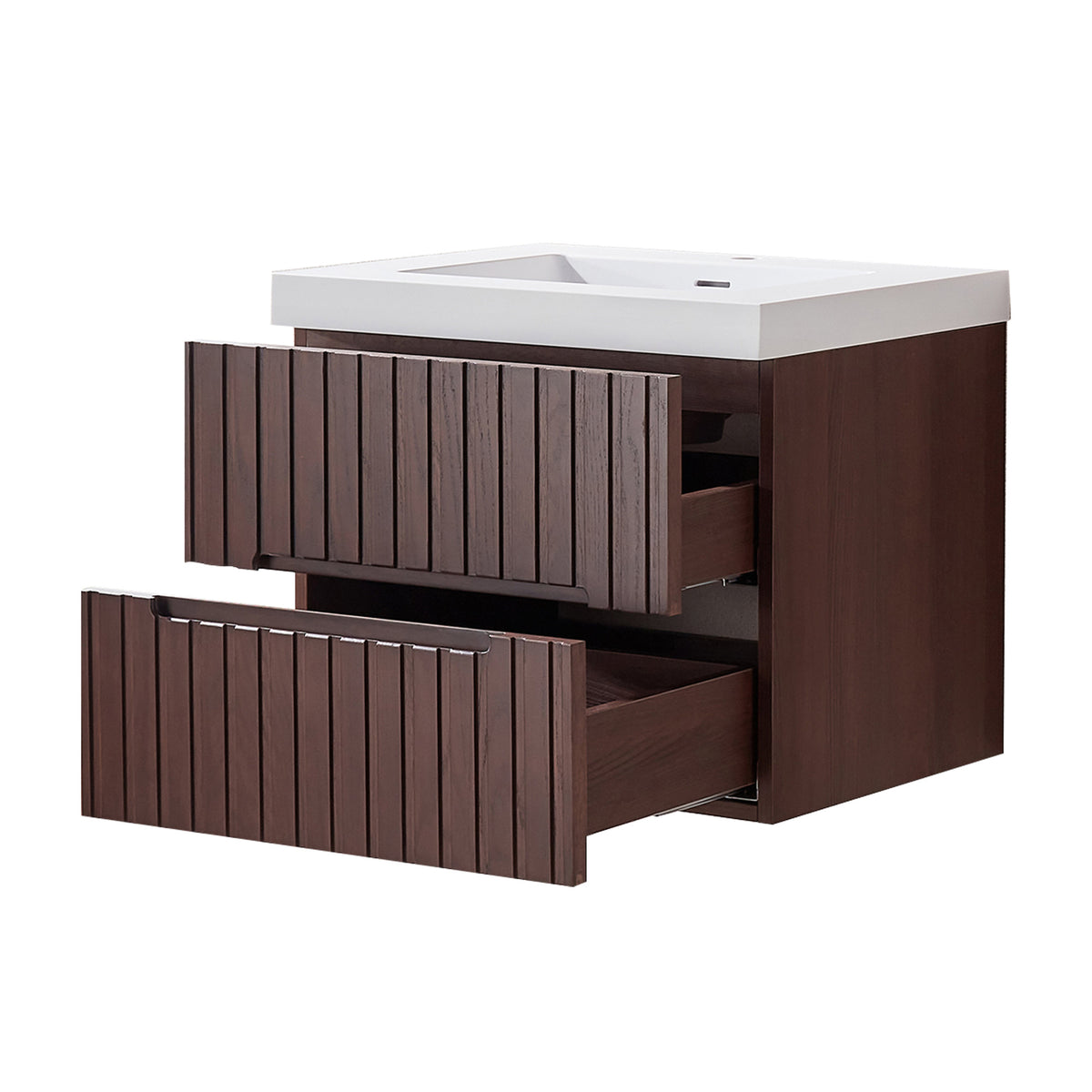 24' Wall Mounted & Floating Single Dark Walnut Bathroom Vanity with Acrylic Integrated White Basin, Pre-assembled Plywood Cabinet With 2 Drawers