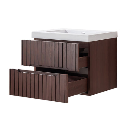 24' Wall Mounted & Floating Single Dark Walnut Bathroom Vanity with Acrylic Integrated White Basin, Pre-assembled Plywood Cabinet With 2 Drawers