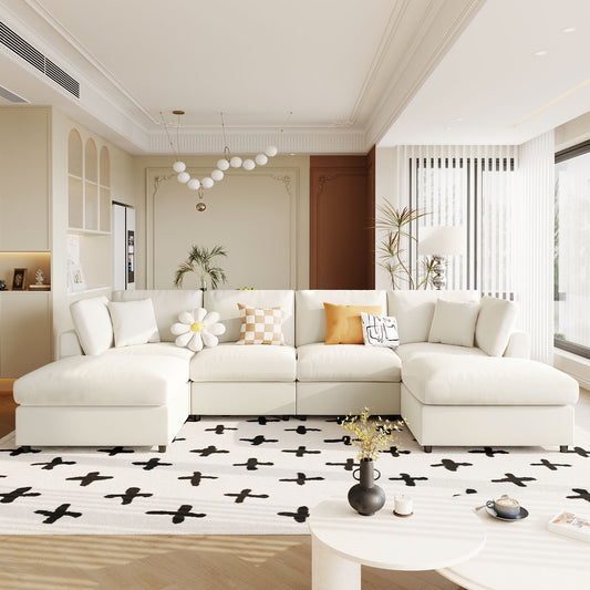 U_STYLE 128" Large U-Shaped Sectional Sofa with 2 Movable Ottomans, Chenille Fabric, Modular Design, Home Theater, Spacious Space