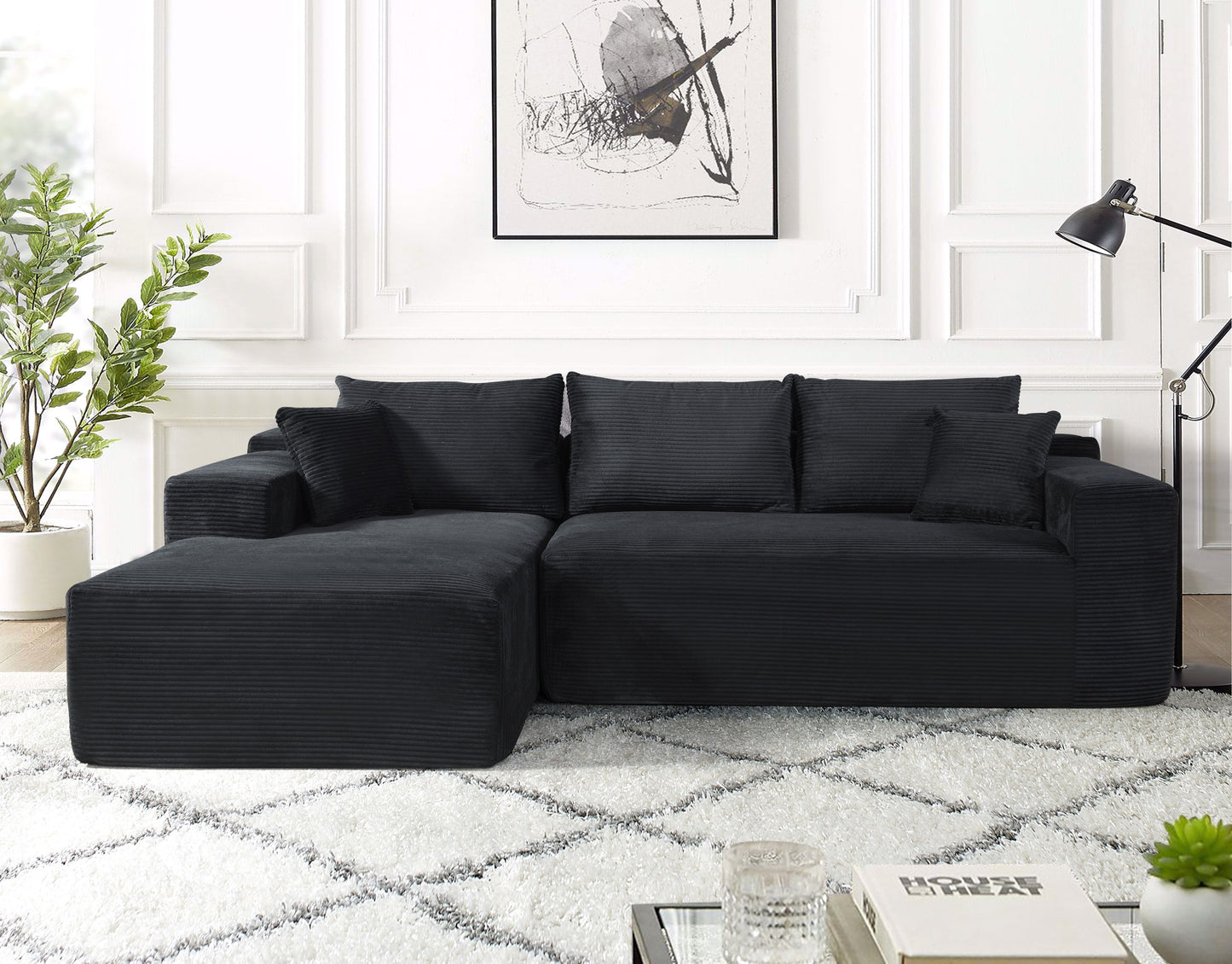 2-Piece Convertible Corduroy L-Shaped Sofa in a Box with Pillows, 3-Seater Modular Sectional Couch, Compressed Living Room Furniture, Black (Left Facing)