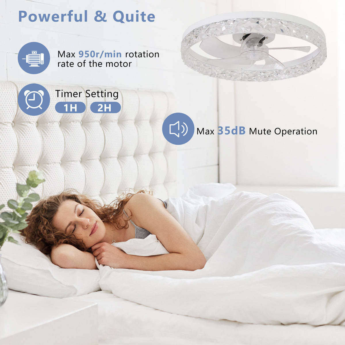 Modern Acrylic Ceiling Fan Light with Remote Control, Dimmable LED Chandelier, 6-Speed Adjustable, Quiet Motor, Flush Mount Design