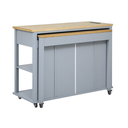 K&K 47 inch Kitchen Island with Extendable Dining Table, Rubber Wood Veneer Kitchen Table with Internal Storage Rack, Power Outlet