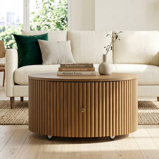 Round Fluted Drum Coffee Table with Rolling Casters & Dual Hidden Storage Drawers, Walnut Wood Pedestal Center Table, Mid-Century Modern Mobile Cocktail Table for Living Room Apartment