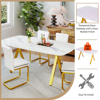 Rectangular dining table featuring a tempered glass tabletop with a marble-patterned design and golden metal legs, ideal for restaurant dining settings.