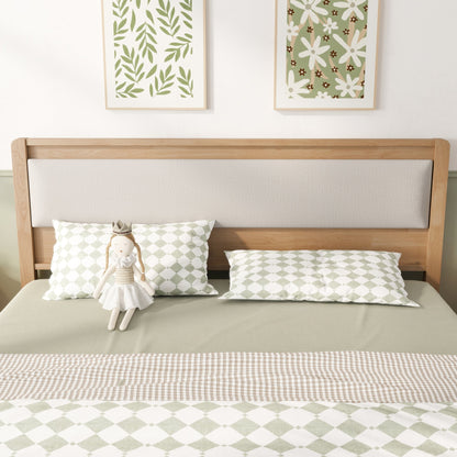 Queen Size, Solid Rubber Wooden Bed with Upholstered Headboard, Reinforced by Central Support Legs,Natural
