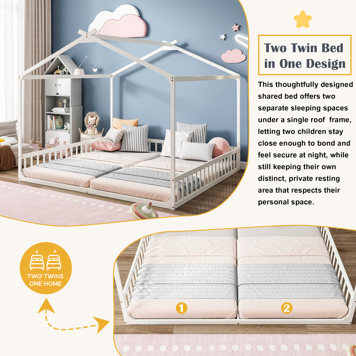 Double Twin House-Shaped Floor Bed with Safety Guardrails, without door, White
