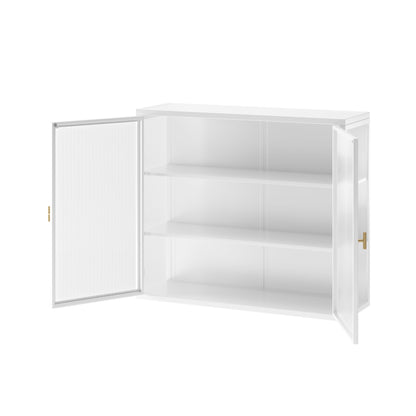 27.56"Glass Doors Modern Two-door Wall Cabinet with Featuring Three-tier Storage for Entryway Living Room Bathroom Dining Room,White(same sku:W757119328)