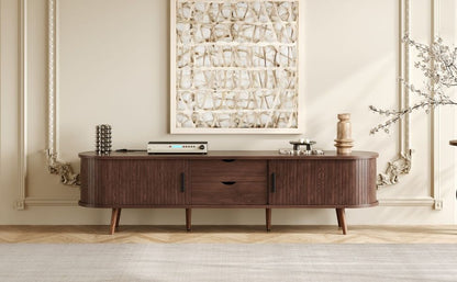 Mid Century Modern TV Stand for 70-Inch TV, Dark Brown MDF & Solid Wood Console with Tambour Doors, Drawers and Built-in Power Outlet