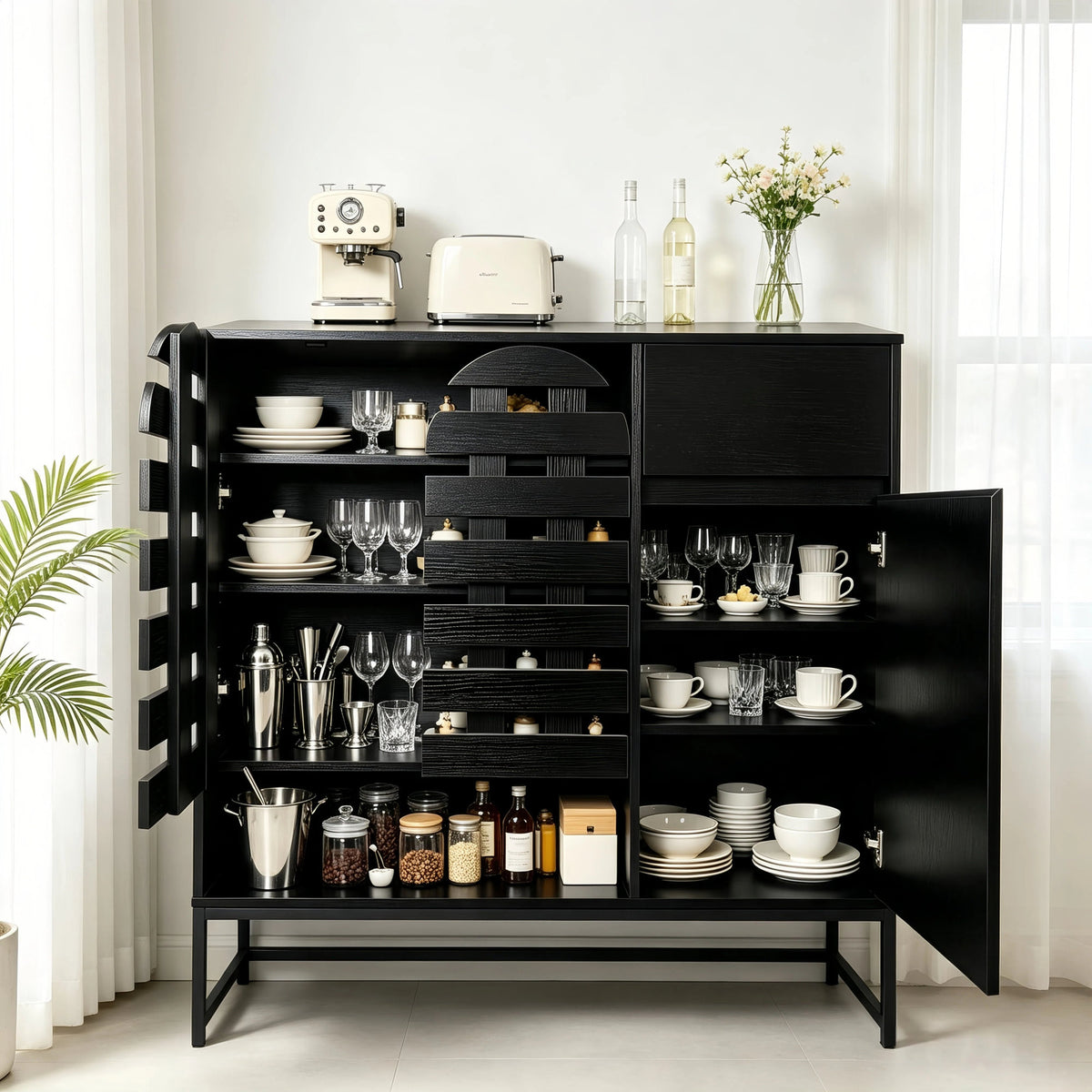 Buffet Cabinet with Storage: 44.49"Black Woven Door Accent Cabinets,with Arched Doors,with Multi layer Adjustable,with Metal Leg,woven door and drawer - for Kitchen Living Dining Room Entryway