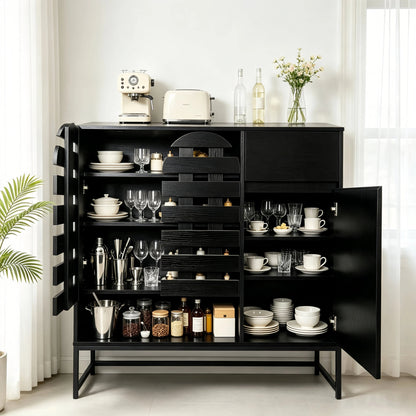 Buffet Cabinet with Storage: 44.49"Black Woven Door Accent Cabinets,with Arched Doors,with Multi layer Adjustable,with Metal Leg,woven door and drawer - for Kitchen Living Dining Room Entryway