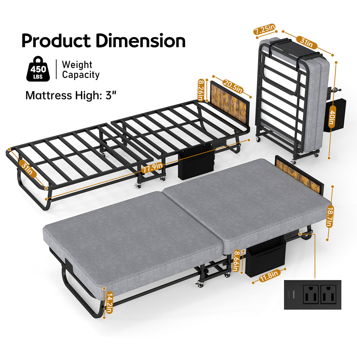 78"×31" Folding Bed with Headboard & USB Charging Station, 3" Memory Foam Rollaway Bed with Storage Pocket, Heavy-Duty Portable Guest Bed on Wheels, Ideal for Guests, Office Naps & Camping