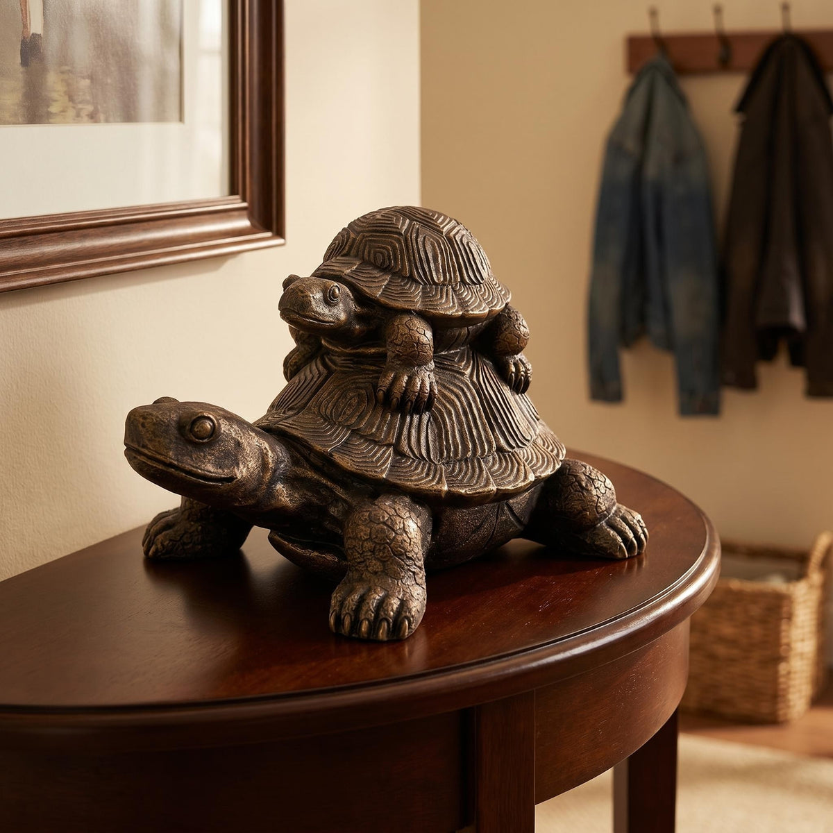 19'' Vintage Bronze Stacked Turtle Statue Resin Mother Baby Tortoise Sculpture Rustic Farmhouse Table Shelf Entryway Indoor Decor Weatherproof Garden Lawn Patio Figurine Gift for Nature Lover