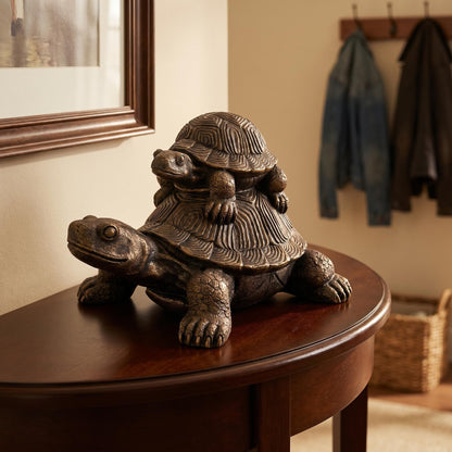 19'' Vintage Bronze Stacked Turtle Statue Resin Mother Baby Tortoise Sculpture Rustic Farmhouse Table Shelf Entryway Indoor Decor Weatherproof Garden Lawn Patio Figurine Gift for Nature Lover