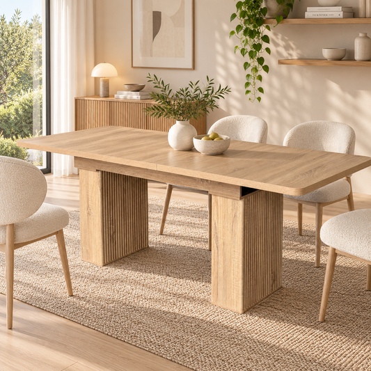 Modern Extendable Dining Table for 4–8,Oak Grain Kitchen & Dining Room Table with Removable Extension Leaf, Wave Fluted Pedestal Legs, Rounded Corners