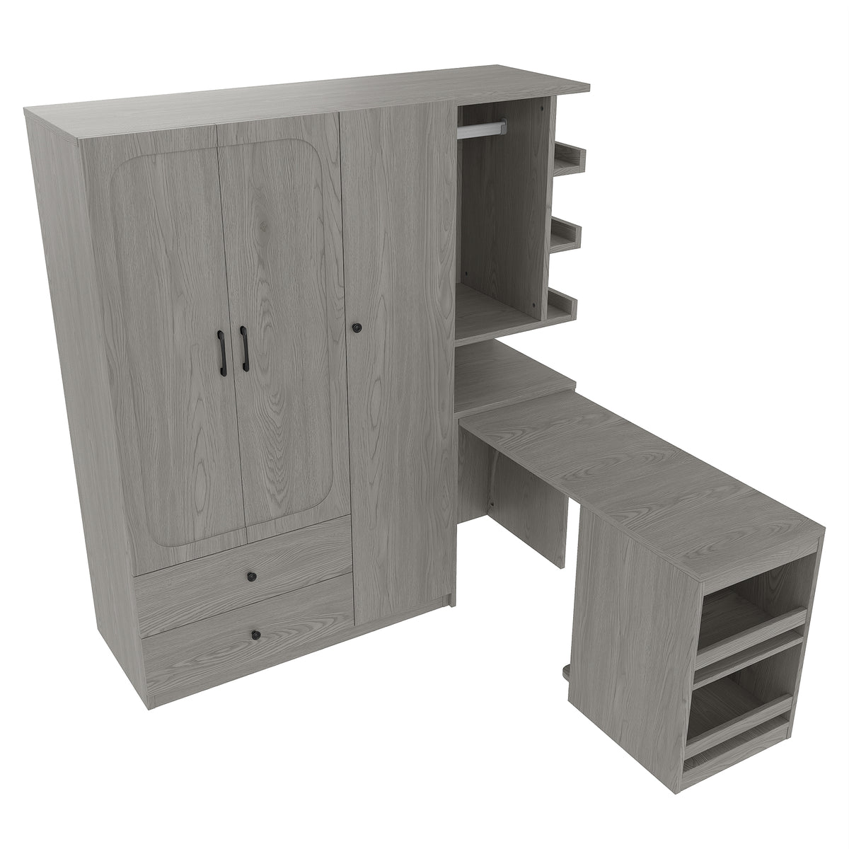 Multifunctional Wardrobe with 2 Doors and Hanging Rod, Wooden clothes closet with Convertible Desk and Storage Drawers – Model W1580S00476