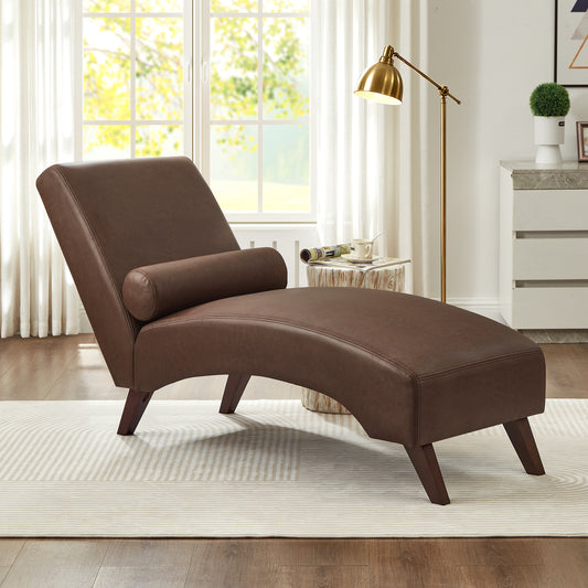 Chaise Lounge Chair with Bolster Pillow, Upholstered in Premium Tech Fabric – Mid-Century Modern Curved Lounger for Living Room, Bedroom & Reading Nook, 400 lbs Capacity, Brown