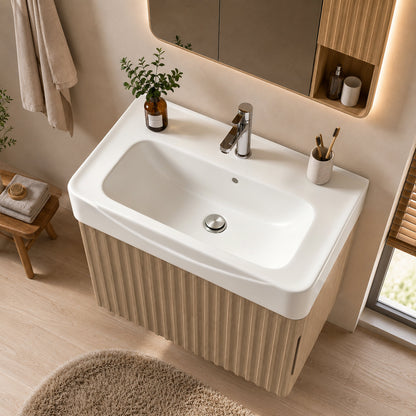 Wall Mount20' Light Oak Bathroom Vanity with Ceramic Sink with one faucet holes, Cabinet  Soft close doors  Pre-installed and completed