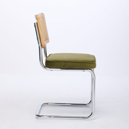 Mid Century Modern Dining Chairs Set of 2, Velvet Accent Chairs with Natural Cane Back & Stainless Chrome Base