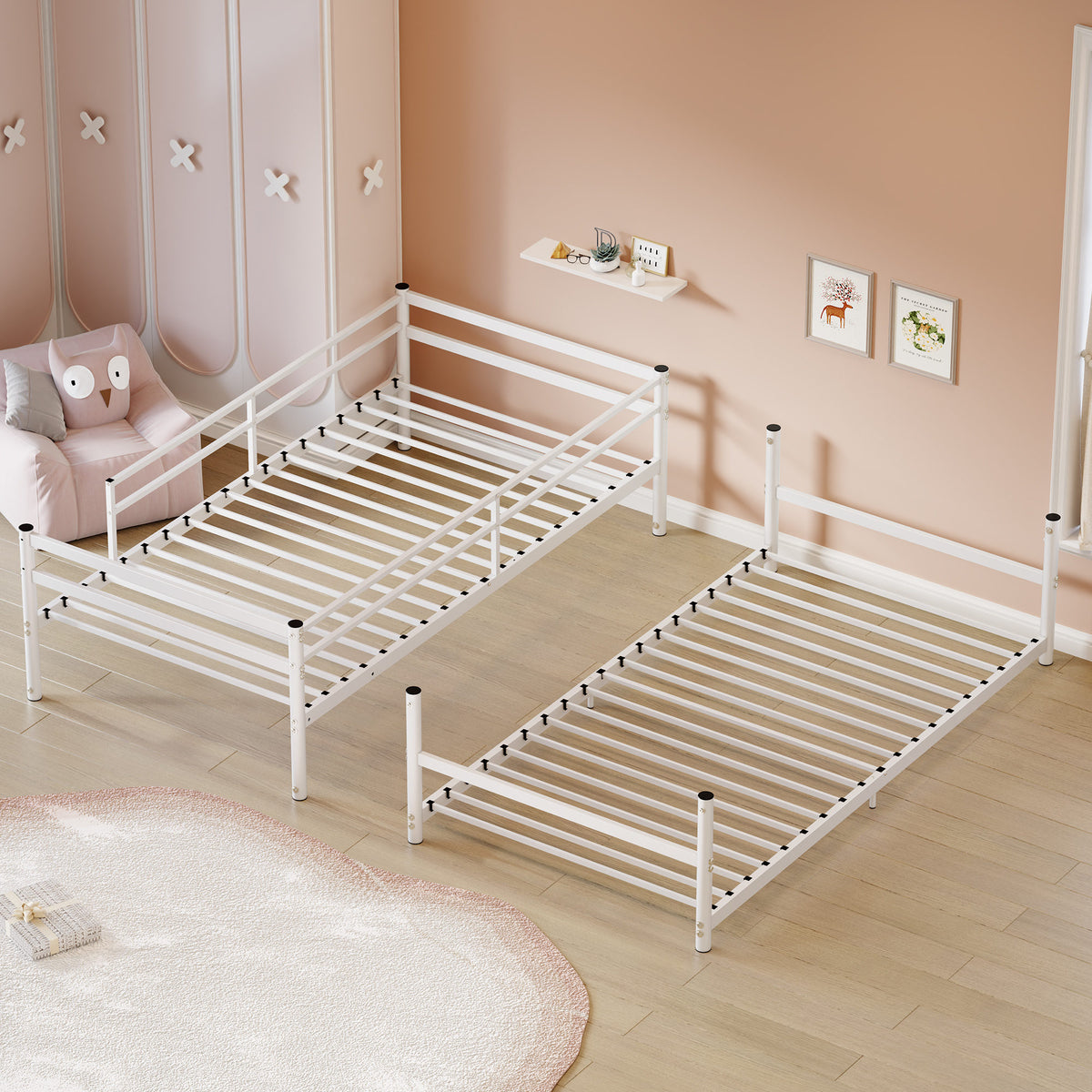 Heavy Duty Metal Twin Over Twin Bunk Bed, Convertible to 2 Separated Twin Beds, Noise-Free Steel Frame with Rubber Anti-Slip Ladder & 11.3' Guardrails, 400/485 LBS Weight Capacity, White