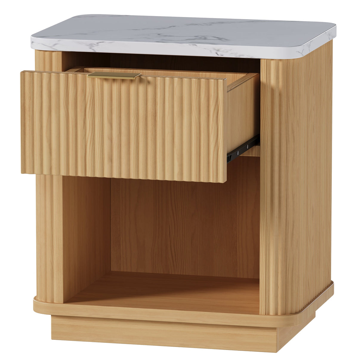 Natural Wood Finish Fluted Nightstand with Storage Drawer and Open Shelf, Faux Marble-Look Top, Gold-Tone Handle, Modern Bedside Table and End Table for Bedroom, Guest Room, Dorm and Living Room