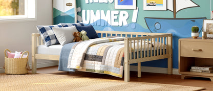 Full Size Daybed, 3-Sided Vertical Slat Guardrail Bed Frame, Breathable Wooden Slat Support Leisure Bed for Home Bedroom,Natural