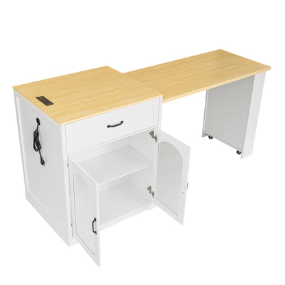 U_STYLE Extendable Counter Table with Wheels,Bar Table with Built-in Power Outlet,Farmhouse Wine Cabinet with Double-Sided Drawers,Suitable for Kitchen & Home Bar (Chairs Not Included)