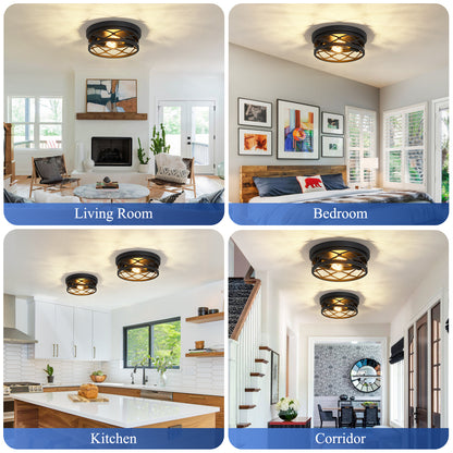 2 Pack 2-Light Matte Black Industrial Flush Mount Ceiling Light, Farmhouse Round Ceiling Lamp for Hallway Kitchen Entryway(No light bulb)