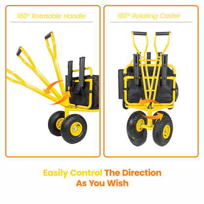 Fishing Cart Beach Cart Collapsible Wagon 9.85'' All-Terrain Wheels for Sand, Heavy Duty Garden Cart with Rod Holders