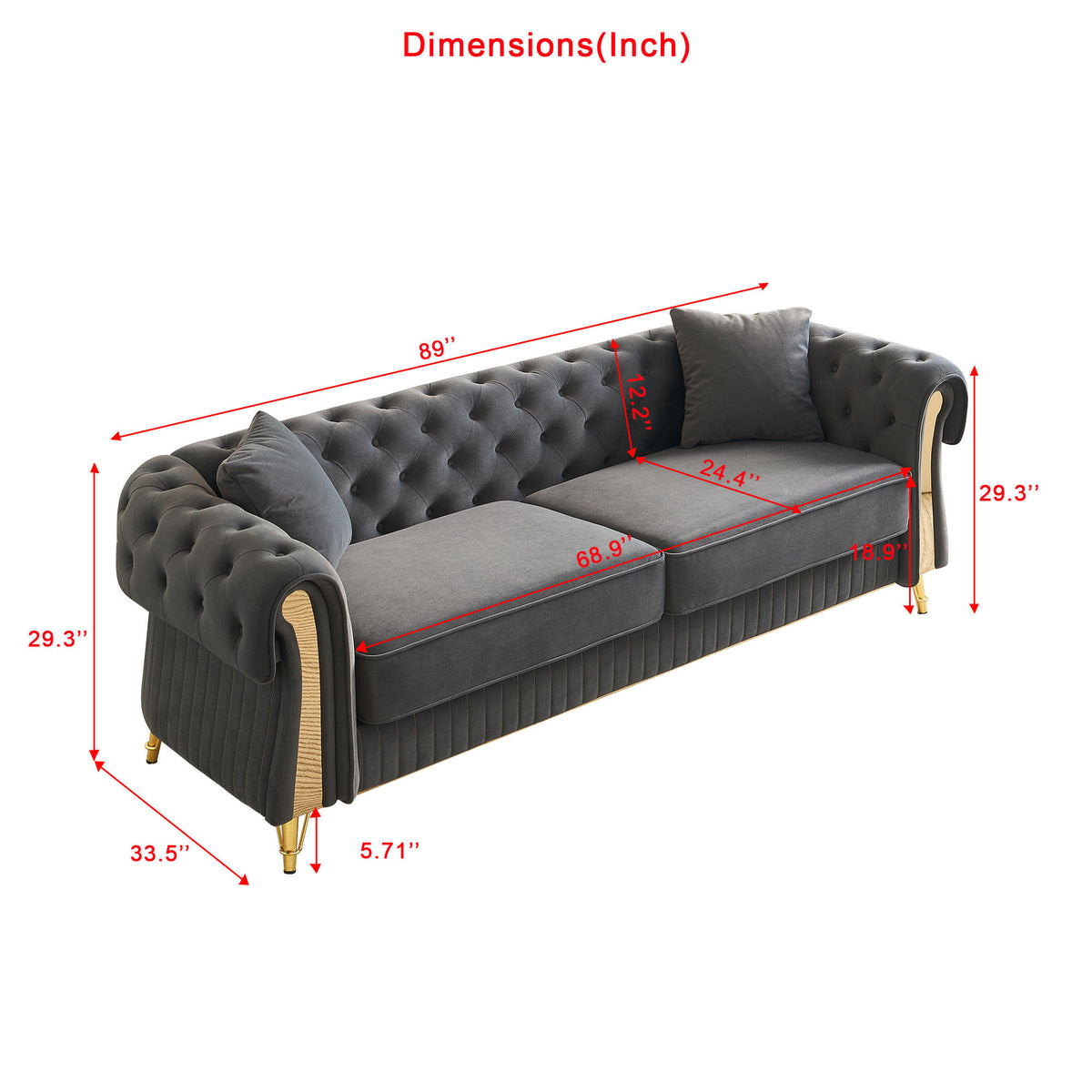 Chesterfield Modern Tufted Velvet Living Room Sofa, 84.25''W Couch,Dark Grey