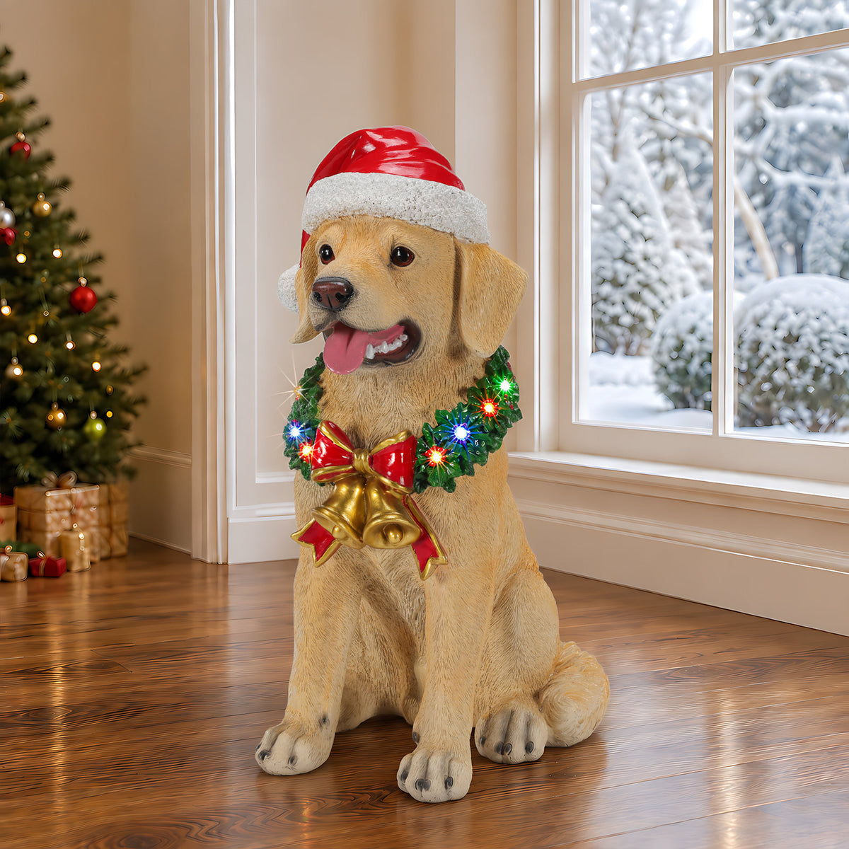 Lighted Christmas Labrador Retriever Dog Statue, Santa Hat Puppy Figurine with LED Wreath and Bells