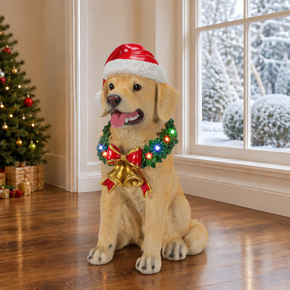Lighted Christmas Labrador Retriever Dog Statue, Santa Hat Puppy Figurine with LED Wreath and Bells