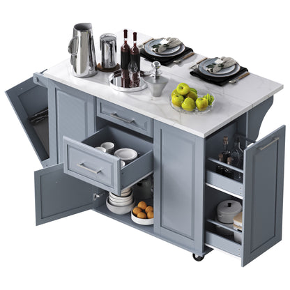 K&K 50.7" Kitchen Island with Storage Tilt Trash Can Cabinet and Pull Out Cabinet Organizer – Blue