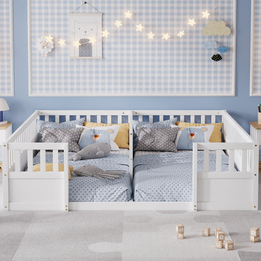 Double Pine wood Twin Floor Bed with Semi-Enclosed High Safety Guardrails, Open Entrance,White