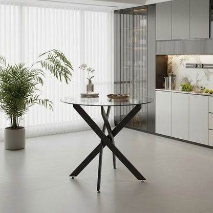 Round Dining Table, 35.5" Glass Dining Table with Black Legs, Modern Kitchen Table for Home Kitchen, Dining Room