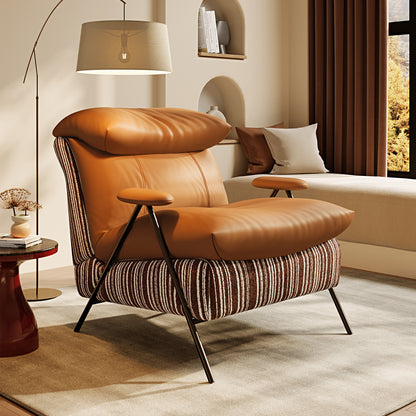 Minimalist casual single chair with solid wood frame, upholstered in leather and chenille fabric. It provides perfectly balanced soft-firm seating comfort and fits balconies, living rooms and bedrooms