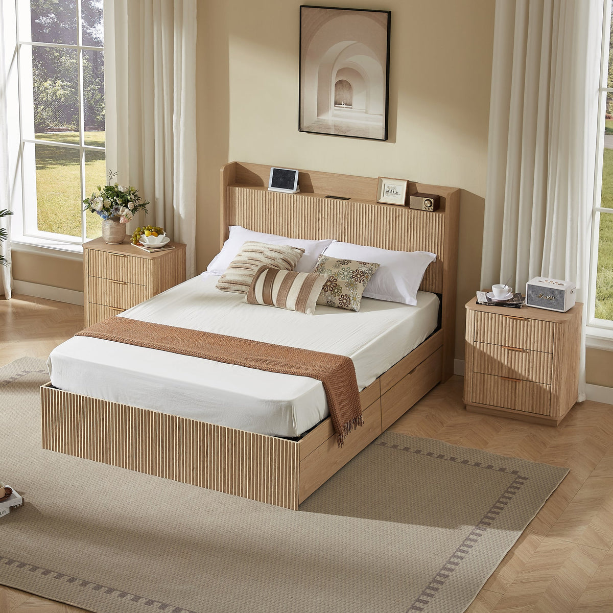 Queen Size Platform Bed Frame with 4 Storage Drawers and Built-in Charging Station, Wooden Storage Box Bed, Large Capacity Organizer Bed Frame for Bedroom,Natural