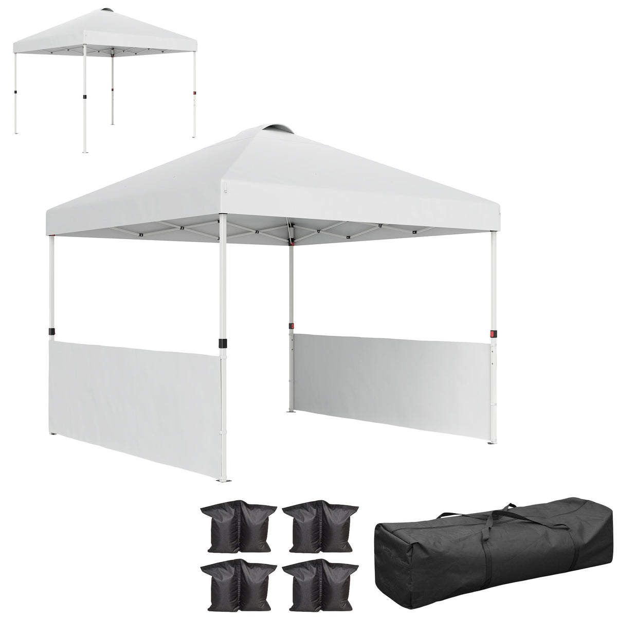 Outsunny 10" x 10" Pop Up Canopy Tent with 2 Half Sidewalls, UV50+ Height Adjustable Instant Sun Shelter with Wheeled Carry Bag, White