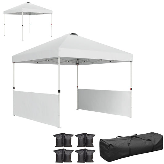 Outsunny 10" x 10" Pop Up Canopy Tent with 2 Half Sidewalls, UV50+ Height Adjustable Instant Sun Shelter with Wheeled Carry Bag, White