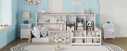 Twin Size Kids Wooden Platform Bed Frame with Guardrail Fence, Side Storage Shelves & Book Shelf, Space Saving Floor Bed,Nude and  White