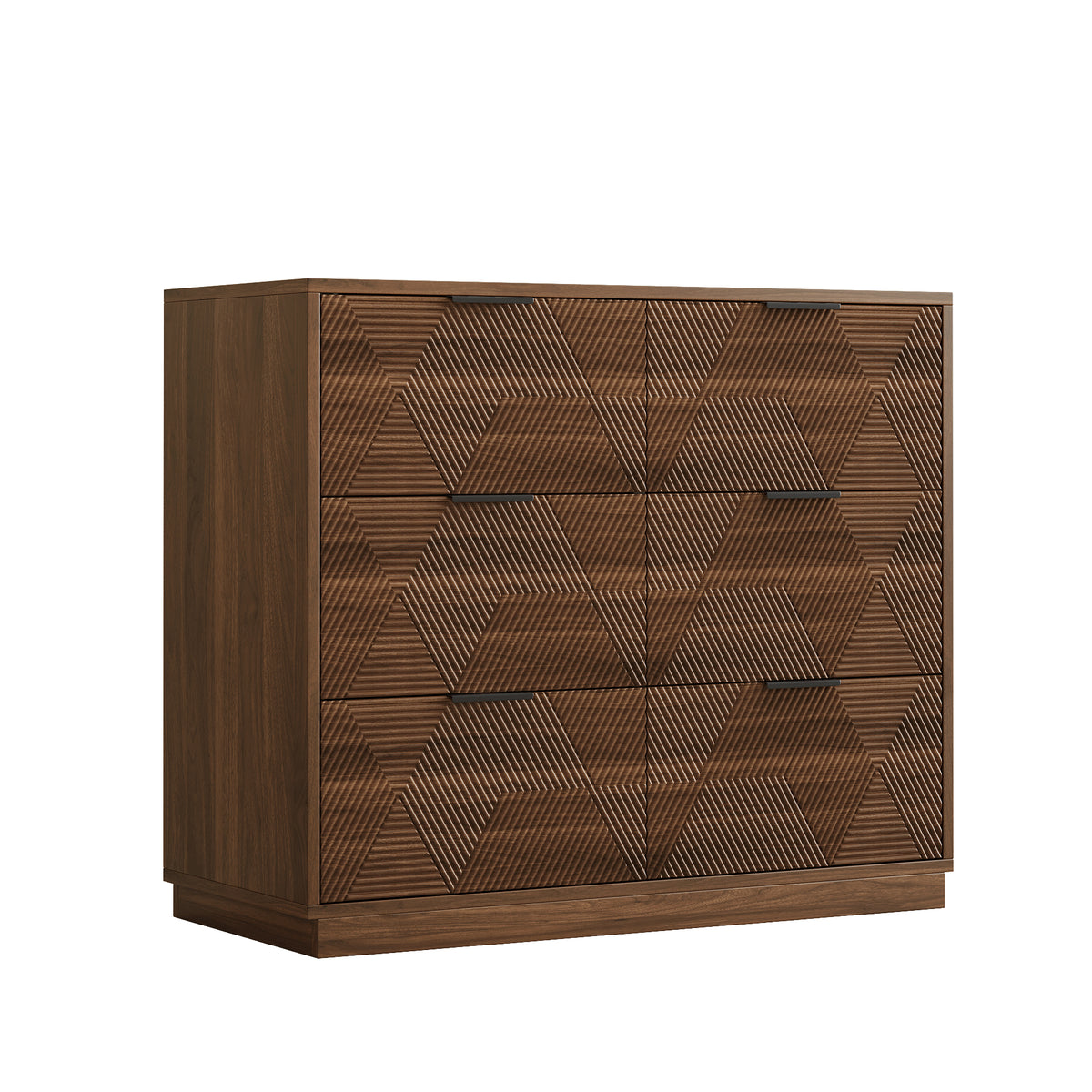 Modern Walnut Dresser with 6 Drawers, Mid Century 3D Geometric Wood Chest of Drawers, Large Storage Cabinet for Bedroom, Living Room & Entryway