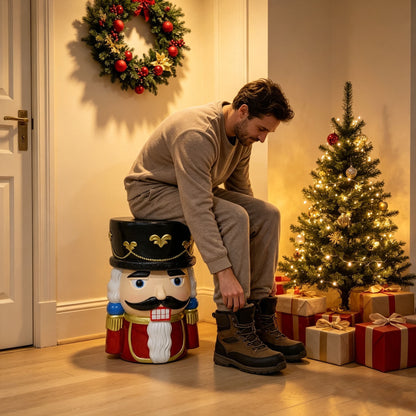 19'' Classic Nutcracker Soldier Stool, Retro Christmas Character Side Table Decor, Indoor & Outdoor Creative Figurine Seat for Patio, Garden, Living Room Home Decor