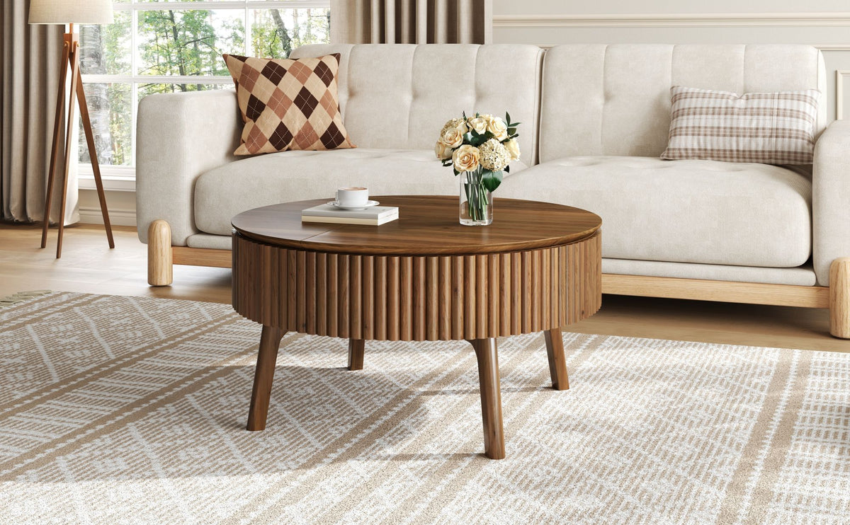 Modern Round Lift-Top Coffee Table with Half Flip-Top & Hidden Storage, Solid Wood Mid-Century Coffee Table with Fluted Design, 30.3' Walnut Space-Saving Center Table for Living Room