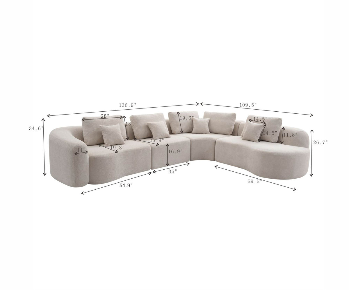136.9" Camel Modular Curved Sectional Sofa, Vacuum Compressed Cloud Couch, Oversized Corner Sofa Set with Throw Pillows, No Assembly Required, Deep Seat Curved Sofa for Large Living Room.