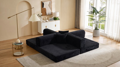 Convertible Sofa Bed, Folding Floor Couch Corduroy Fold Out Couch Bed Futon Sleeper Mattress with Pillows, Boneless Sofa for Living Room Bedroom,BLACK