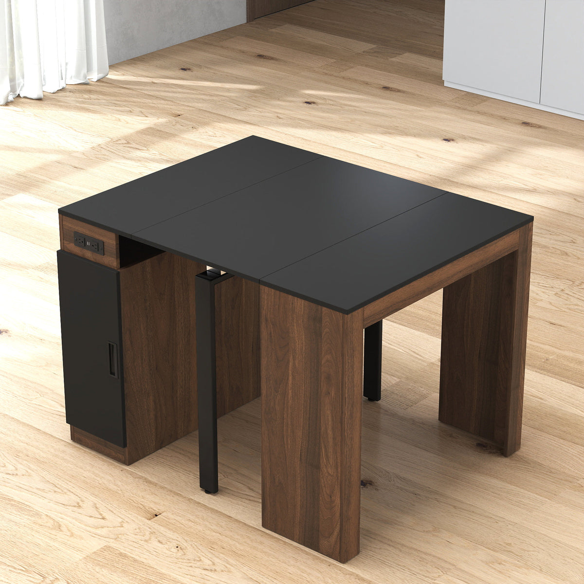 Modern Multifunctional Extendable Dining Table with Outlet, Space Saving Expanding Table with Storage for Party, Weddings, Meetings, Celebrations