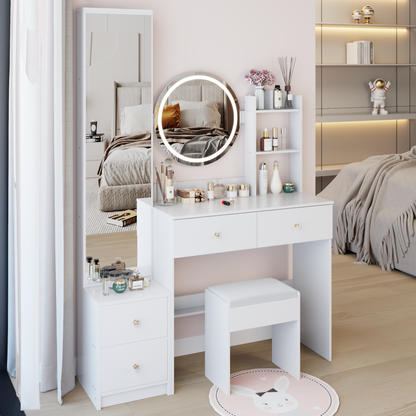 Full Body Mirror Cabinet + Round Mirror LED Vanity Table + Cushioned Stool, 17" diameter LED Mirror, Touch Control, 3-color