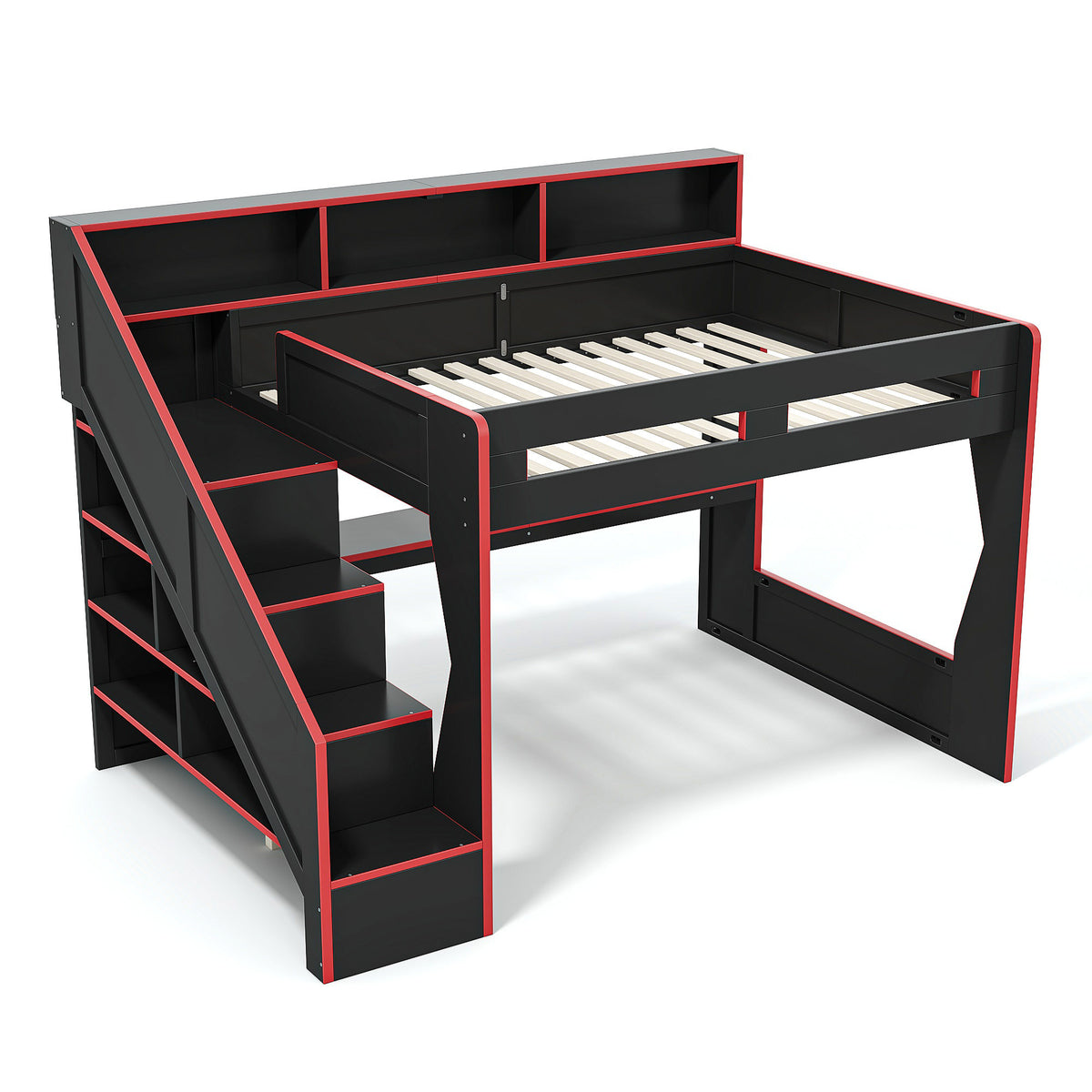 Queen Size Gaming Loft Bed with Storage Stair & Open Headboard Shelves, LED Light & USB Charging Desk, Elevated Loft Bed Frame with House-Shaped Cutout Design for Gamers,Black&Red