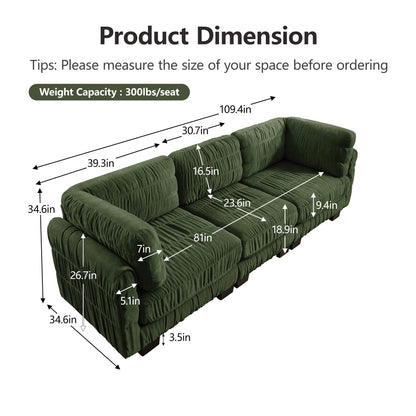 3 Seat Ruched Detailing Chenille Modular Sectional Sofa,High-Density Foam,L Shape Thickened  Back Cushions,Easy Assembly,For Living Room,Bedroom,Green